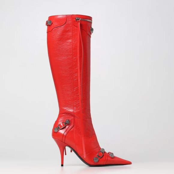 BALENCIAGA Cagole 90 Studded Buckled Knee High Tall Leather Boots Heels - Picture 1 of 15